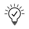 Light bulb and check mark icon.Light bulb with sparkle rays shine. Idea lamp with Approved icon. Idea sign thinking solution