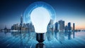 Light bulb with cityscape reflection on abstract background. 3D Rendering Royalty Free Stock Photo
