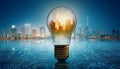 Light bulb with cityscape reflection on abstract background. 3D Rendering Royalty Free Stock Photo
