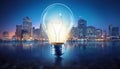 Light bulb with cityscape reflection on abstract background. 3D Rendering Royalty Free Stock Photo