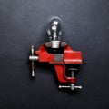 Light bulb clamped in mechanical hand vise on grey background. Creative concept Royalty Free Stock Photo
