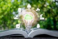 Light bulb with CO2 icon on virtual screen, Sustainable development and green business based on renewable energy, electric transpo Royalty Free Stock Photo