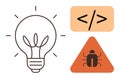 Light bulb, coding brackets, and bug icon highlighting software development innovation and debugging Royalty Free Stock Photo