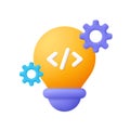 Light bulb with coding sign and gear. Creative coding and development idea concept. 3d vector icon. Cartoon minimal style Royalty Free Stock Photo
