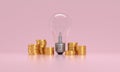 Light bulb with coins stack. Creative ideas for saving money concept. Rising energy cost concept