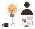 Creative idea generation and data analysis concept with light bulb, person icon, and analytics dashboard Royalty Free Stock Photo