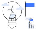 Renewable Energy Concept with Light Bulb, Wind Turbine, Solar Panel and Business Growth Royalty Free Stock Photo