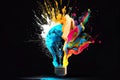 Light bulb on a dark background. Colorful splash of paints. An explosion of ideas that stand out.