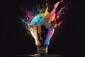 Light bulb on a dark background. Colorful splash of paints. An explosion of ideas that stand out.