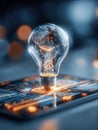 Light bulb with a digital globe inside glowing above a futuristic circuit board representing global innovation and technology Royalty Free Stock Photo