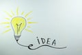 Light bulb drawn on white paper, business ideas, creativity, innovative solution, idea concept Royalty Free Stock Photo
