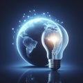 Light bulb and earth globe glowing on solid dark blue background. ai generative Royalty Free Stock Photo