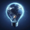 Light bulb and earth globe glowing on solid dark blue background. ai generative Royalty Free Stock Photo