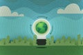 Light bulb with earth and recycle symbol on city landscape background. Green ecology and environment concept. Vector illustration Royalty Free Stock Photo