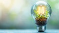 The light bulb features a miniature ecological microcosm inside, complete with tiny plants, soil, and insects Royalty Free Stock Photo