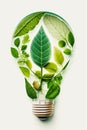 Light bulb filled with green leaves and plant inside of the bulb. Generative AI Royalty Free Stock Photo