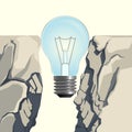 Light bulb filling rocky abyss illustration on white