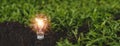 Light bulb with light flare on over soil ground. eco innovation environmental and creative concepts. Royalty Free Stock Photo