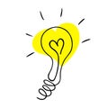 Light bulb flat icon with filament in shape of heart. Romantic and love ideas association. Doodle vector illustration in