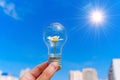 Light Bulb with Flowering Daisy in Hand against Blue Sky Royalty Free Stock Photo