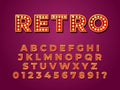 Light bulb font. Lamp text, retro bulbs abc letters for circus or night show. 3d casino cinema numbers collection Royalty Free Stock Photo