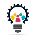 Light bulb gear icon, meeting teamwork people logo.