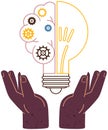 Light bulb with gears between hands. Creation of new idea, problem solving, business solution Royalty Free Stock Photo