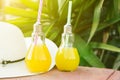 Light Bulb Glass Bottles with Freshly Pressed Orange Tropical Fruits Juice Straw Hat Green Palm Leaves Foliage Background. Sun