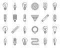 Light bulb glass lamp black line icons set, halogen, fluorescent lightbulb, electricity power Royalty Free Stock Photo