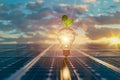 Light bulb with glowing filament and green plant on solar panel. Renewable energy cost effective concept Royalty Free Stock Photo