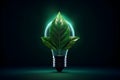 Light bulb glowing with green leaf inside. Green electricity concept. AI Generated Royalty Free Stock Photo