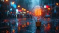 Light bulb glowing on wet pavement in rainy night city, creative concept Royalty Free Stock Photo