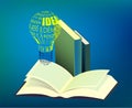 Light bulb glows over an open book. Reading books, the importance of education. Getting important information and ideas in the