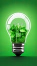 a light bulb with green leaves on green background, generative ai, ecological concept