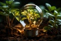 Light bulb with green plants inside and growing from the ground, energy saving and environmental resource conservation concepts, Royalty Free Stock Photo