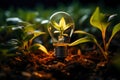 Light bulb with green plants inside and growing from the ground, energy saving and environmental resource conservation concepts, Royalty Free Stock Photo