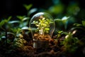 Light bulb with green plants inside and growing from the ground, energy saving and environmental resource conservation concepts, Royalty Free Stock Photo