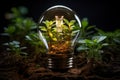 Light bulb with green plants inside and growing from the ground, energy saving and environmental resource conservation concepts, Royalty Free Stock Photo