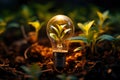 Light bulb with green plants inside and growing from the ground, energy saving and environmental resource conservation concepts, Royalty Free Stock Photo