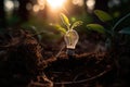 Light bulb with a green sprout growing out of the ground with sunlight. Light Bulb and a small plant on the soil, Ai Generated Royalty Free Stock Photo