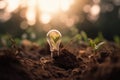 Light bulb with a green sprout growing out of the soil on blurred background, Light Bulb and a small plant on the soil, Ai Royalty Free Stock Photo