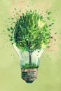 Light bulb with green tree breaking out from inside. Green alternative energy ecology concept illustration. AI Generated Royalty Free Stock Photo