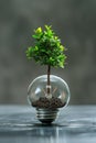 Light bulb with a green tree growing through glass. Green alternative energy ecology concept. AI Generated Royalty Free Stock Photo