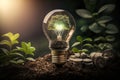 Light bulb with green tree growing inside and coins in soil. Eco concept. Generative AI Royalty Free Stock Photo