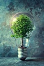 Light bulb with a green tree inside. Green alternative energy ecology concept. AI Generated Royalty Free Stock Photo