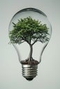 Light bulb with a green tree inside on grey background. Green alternative energy ecology concept. AI Generated Royalty Free Stock Photo