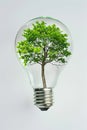 Light bulb with a green tree inside on grey background. Green alternative energy ecology concept. AI Generated Royalty Free Stock Photo