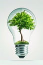 Light bulb with a green tree inside on grey background. Green alternative energy ecology concept. AI Generated Royalty Free Stock Photo