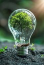 Light bulb with a green tree inside on the ground. Green alternative energy ecology concept. AI Generated Royalty Free Stock Photo