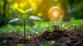 A light bulb is in the ground with a small plant growing out of it, AI Royalty Free Stock Photo